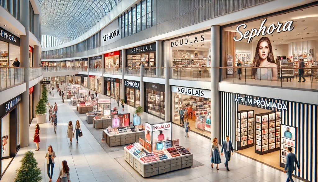 DALL·E 2024-09-09 18.55.52 - A horizontal, realistic, and detailed illustration of the beauty and cosmetics shops at Atrium Promenada shopping center in Warsaw. It shows stores li