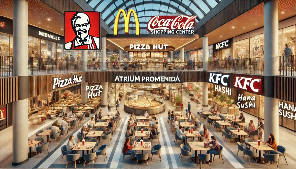 DALL·E 2024-09-09 18.55.54 - A horizontal, realistic, and detailed illustration of the food court area in Atrium Promenada shopping center in Warsaw. It features popular restauran