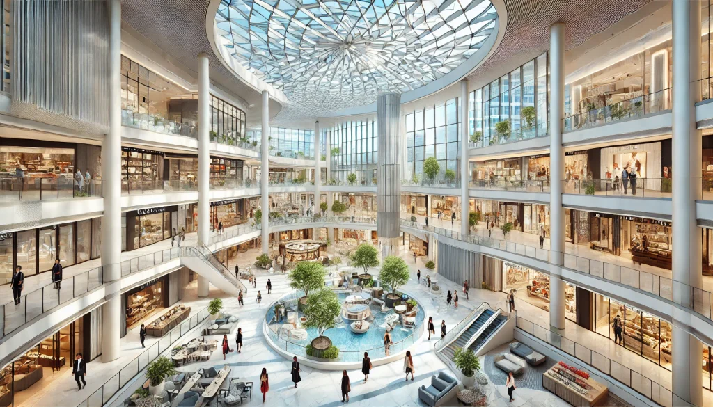 DALL·E 2024-09-09 18.56.00 - A horizontal, realistic, and detailed illustration of the interior of the Atrium Promenada shopping center in Warsaw. The image showcases modern archi