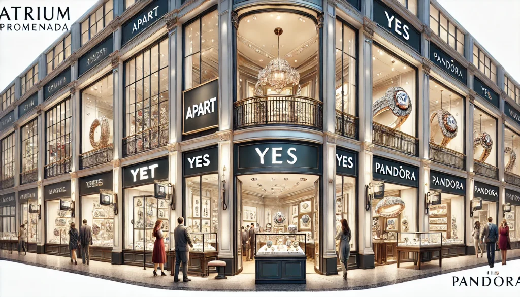 DALL·E 2024-09-09 18.58.30 - A horizontal, realistic, and detailed illustration of the jewelry stores at Atrium Promenada shopping center in Warsaw. The image features well-known