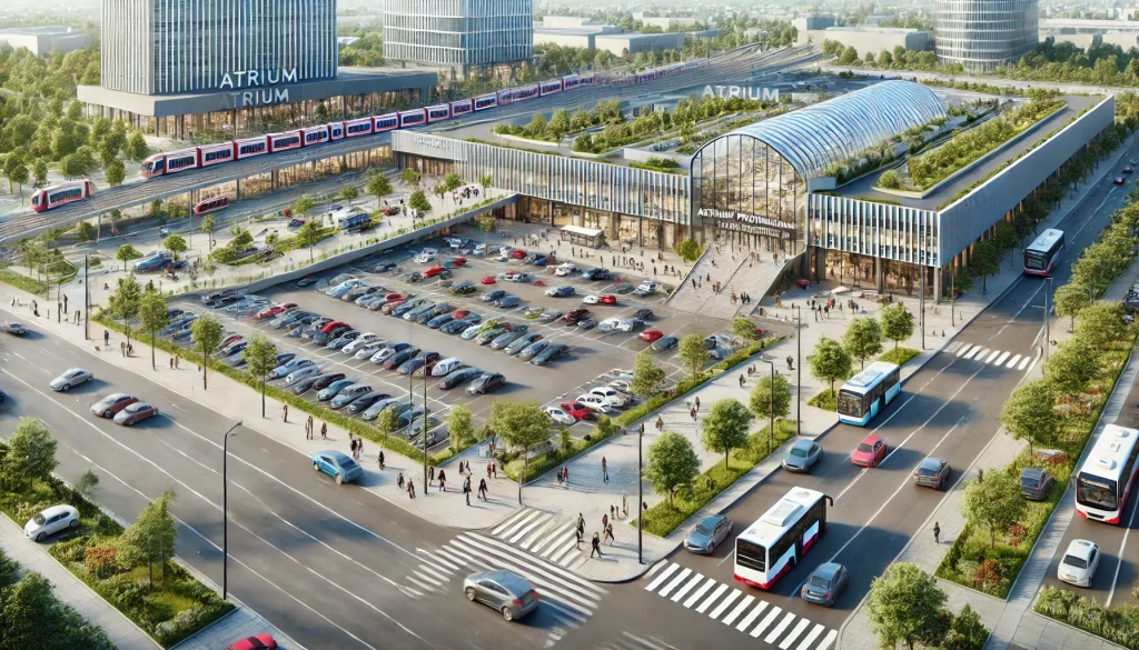 DALL·E 2024-09-09 18.59.43 - A horizontal, realistic, and detailed illustration of the parking area at Atrium Promenada shopping center in Warsaw. It shows a spacious parking lot