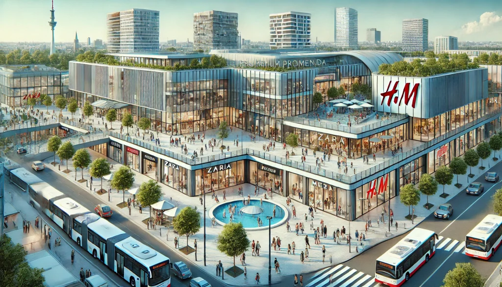 DALL·E 2024-09-09 19.07.07 - A horizontal, realistic, and detailed illustration of a shopping center Atrium Promenada in Warsaw, showcasing modern architecture with glass facades,